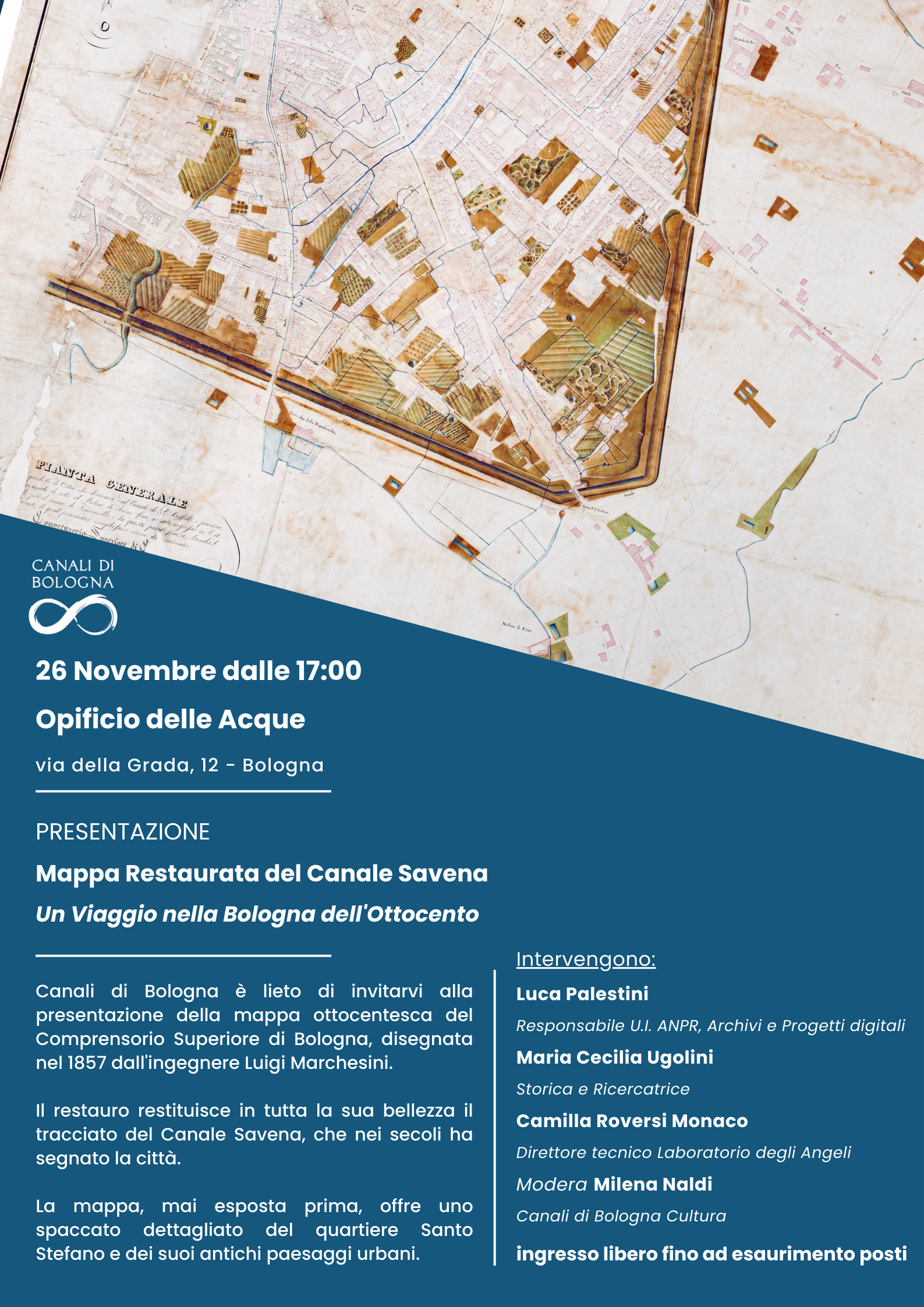 Canali di Bologna presenta la mappa restaurata del tracciato del Canale Savena nel centro storico della città.